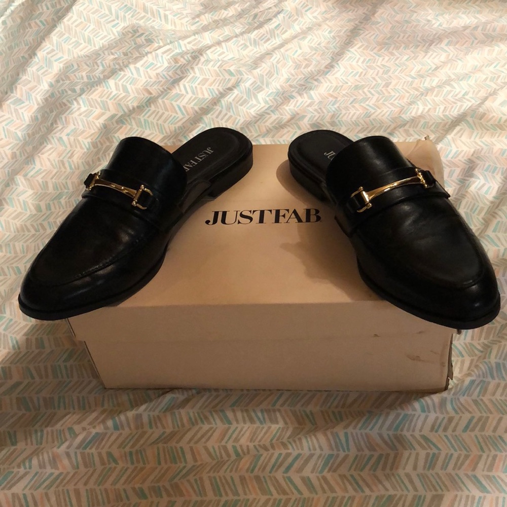 JustFab shoes: black, gold hardware.